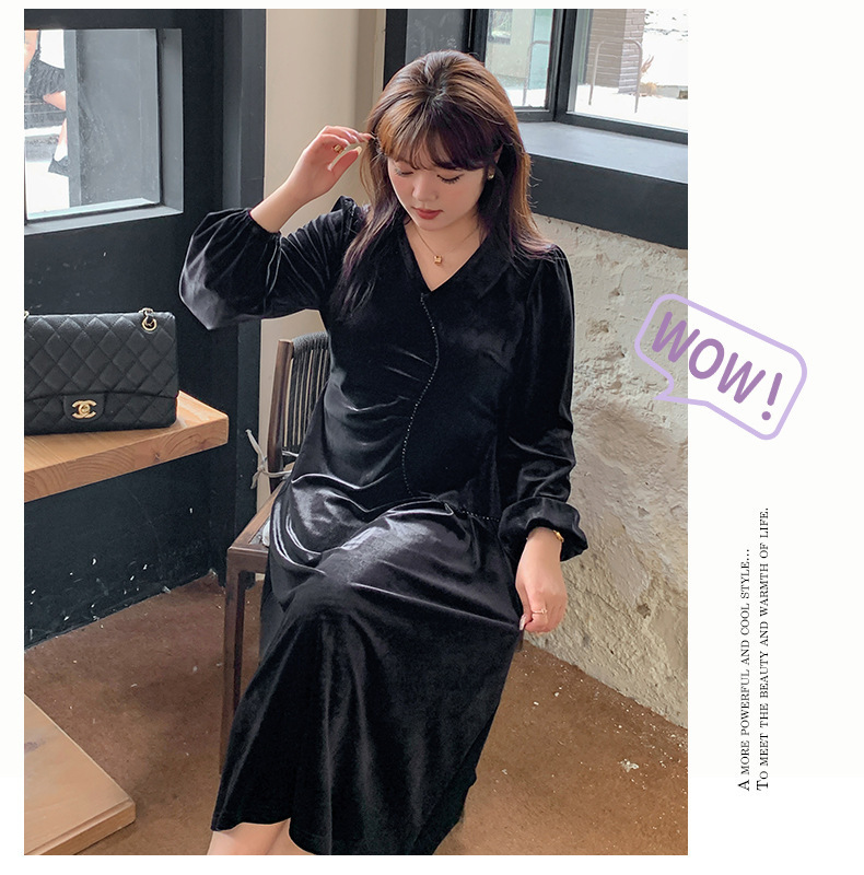 大きいサイズ レディース Vネックラインストーン装飾エレガントベルベットワンピース LL 3L 4L 5L