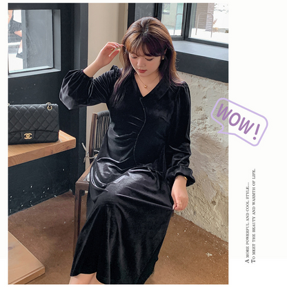 大きいサイズ レディース Vネックラインストーン装飾エレガントベルベットワンピース LL 3L 4L 5L