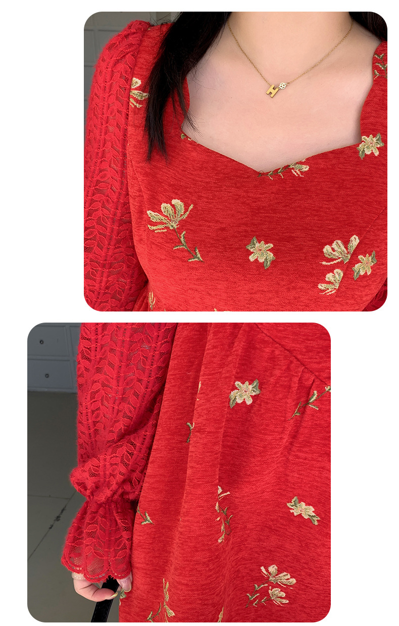 大きいサイズ レディース スクエアネック刺繍レースフェイクツーピースワンピース LL 3L 4L 5L