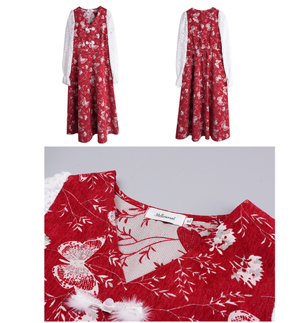 大きいサイズ レディース フェイクツーピースバタフライ刺繍レースワンピース LL 3L 4L 5L