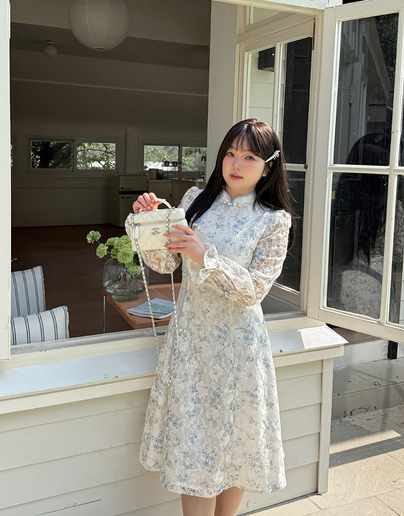 大きいサイズ レディース レトロ花柄プリントレースチャイナワンピース LL 3L 4L 5L