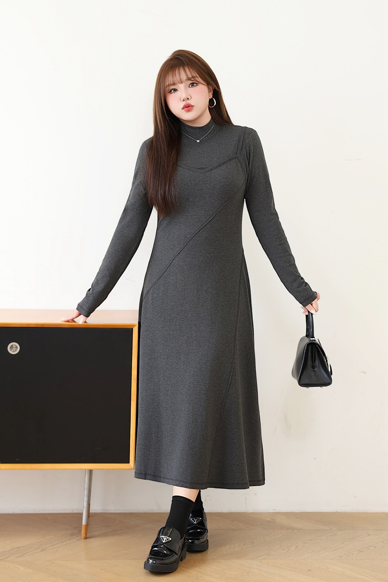 大きいサイズ レディース セミハイネックニットフェイクツーピースワンピース LL 3L 4L 5L