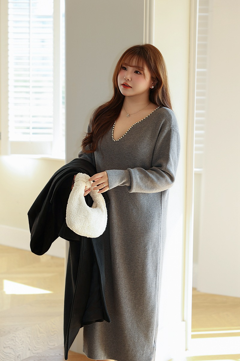 大きいサイズ レディース パールVネックスイートニットフレンチワンピース LL 3L 4L