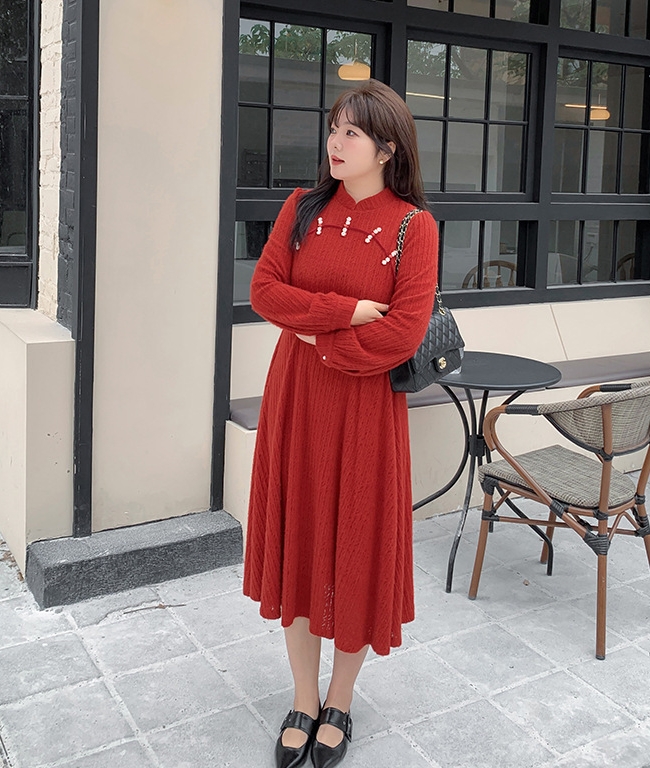 大きいサイズ レディース チャイナ風レトロ花柄ビーズボタンレースワンピース LL 3L 4L 5L