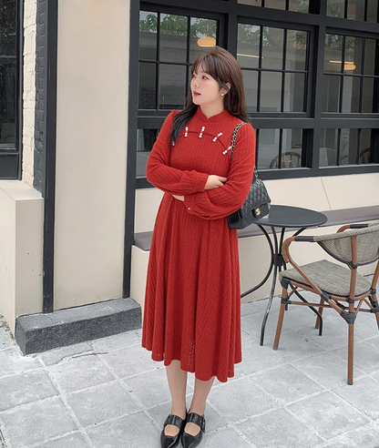 大きいサイズ レディース チャイナ風レトロ花柄ビーズボタンレースワンピース LL 3L 4L 5L