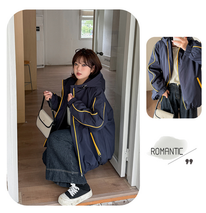 大きいサイズ レディース フード付きバイカラーパイピングカジュアルジャケット 3L 4L 5L