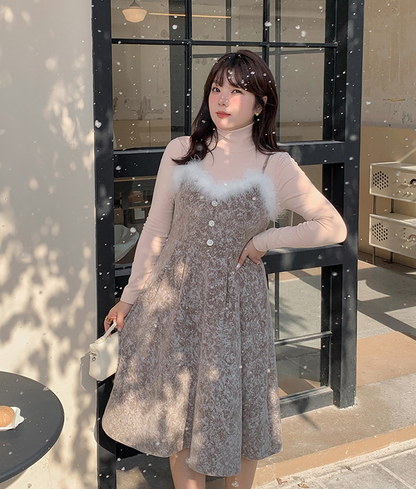 大きいサイズ レディース  ファーベルベットスリップワンピースヴィンテージプリント LL 3L 4L 5L