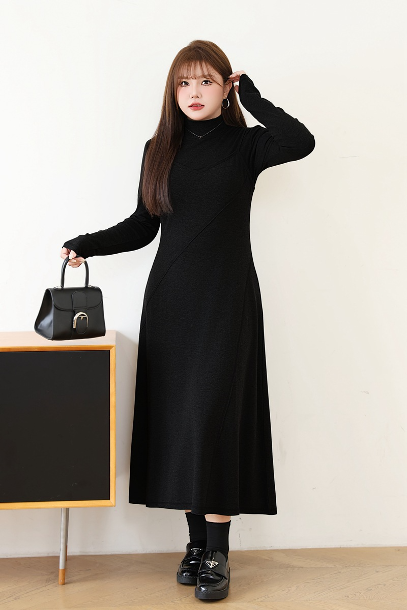 大きいサイズ レディース セミハイネックニットフェイクツーピースワンピース LL 3L 4L 5L