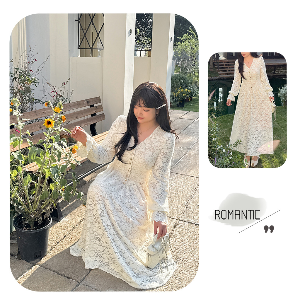 大きいサイズ レディース Vネックビーズボタン花柄レースワンピース LL 3L 4L 5L