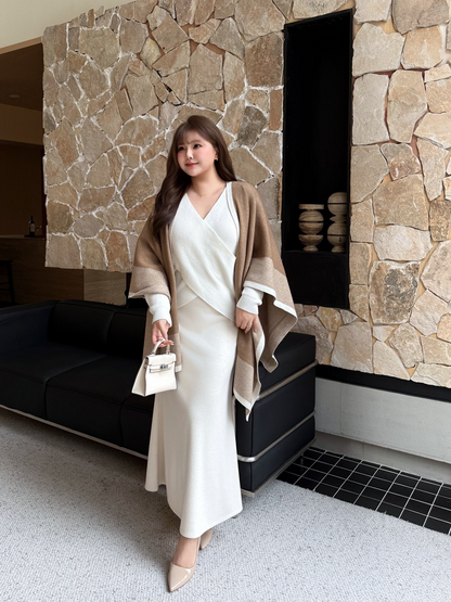 大きいサイズ レディース クロスオーバーVネックエレガントスリーピース（セーター+スカート+ショール） L LL 3L 4L F フリーサイズ