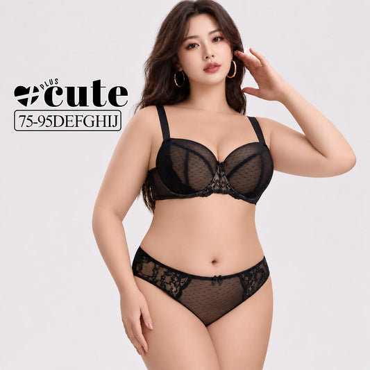 大きいサイズ レディース レース×ドットメッシュブラジャー＆ショーツセット 75-95DEFGHIJ