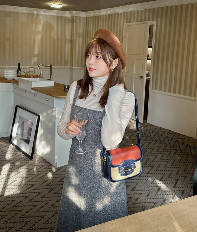 大きいサイズ レディース ハイネックインナーシャツ+サスペンダーワンピース2点セット LL 3L 4L 5L 6L