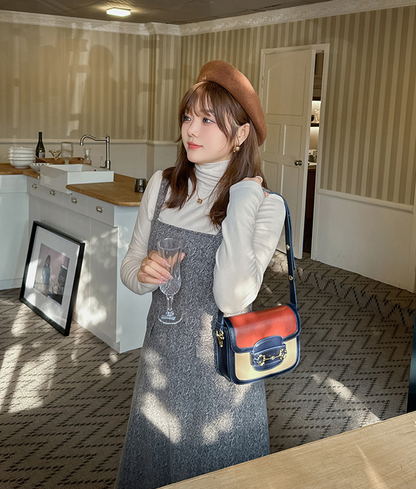 大きいサイズ レディース ハイネックインナーシャツ+サスペンダーワンピース2点セット LL 3L 4L 5L 6L