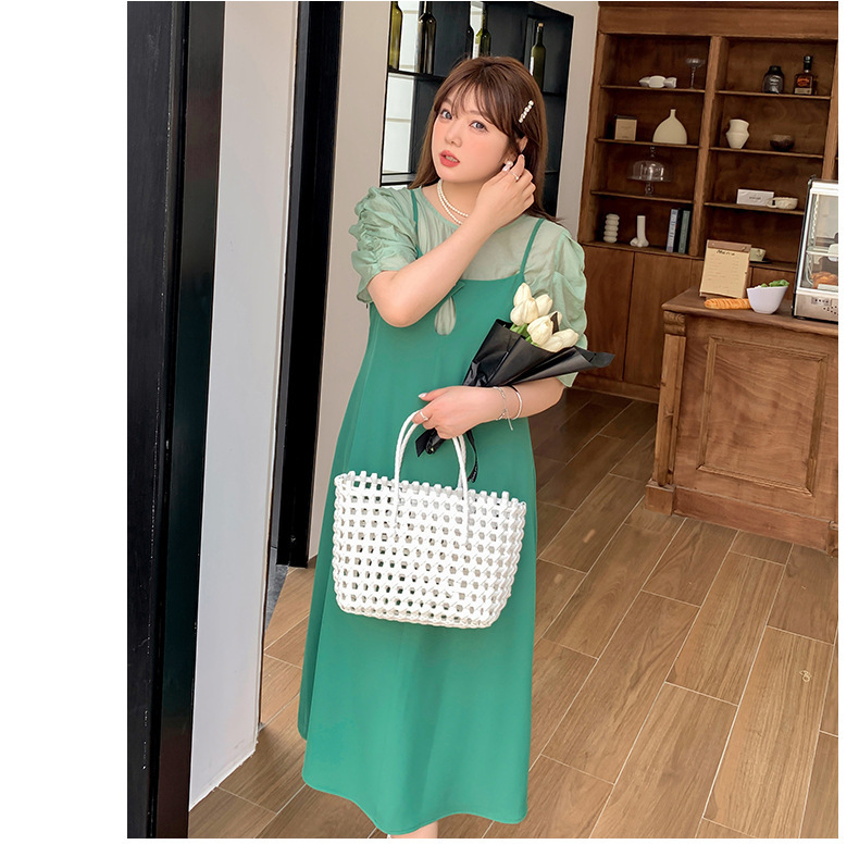 大きいサイズ レディース プリーツパフスリーブブラウス+サスペンダーワンピース LL 3L 4L 5L