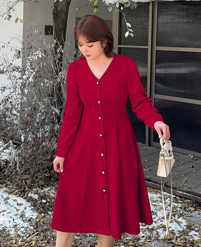 大きいサイズ レディース VネックボタンダウンAラインワンピース LL 3L 4L 5L