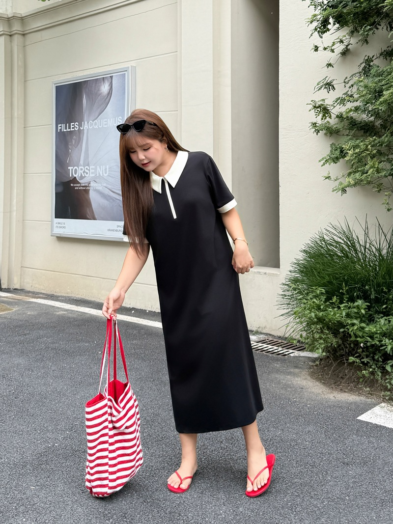 大きいサイズ レディース 配色ポロカラーハーフジップAラインワンピース LL 3L 4L 5L