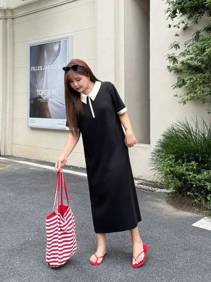 大きいサイズ レディース 配色ポロカラーハーフジップAラインワンピース LL 3L 4L 5L