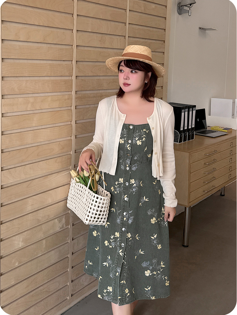 大きいサイズ レディース レトロ花柄デニムキャミソールワンピース LL 3L 4L 5L