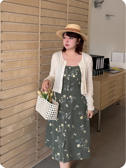 大きいサイズ レディース レトロ花柄デニムキャミソールワンピース LL 3L 4L 5L