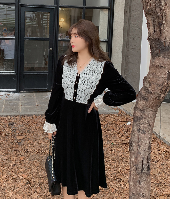 大きいサイズ レディース Vネックレースベルベットエレガントワンピース  LL 3L 4L 5L 6L