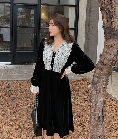 大きいサイズ レディース Vネックレースベルベットエレガントワンピース  LL 3L 4L 5L 6L