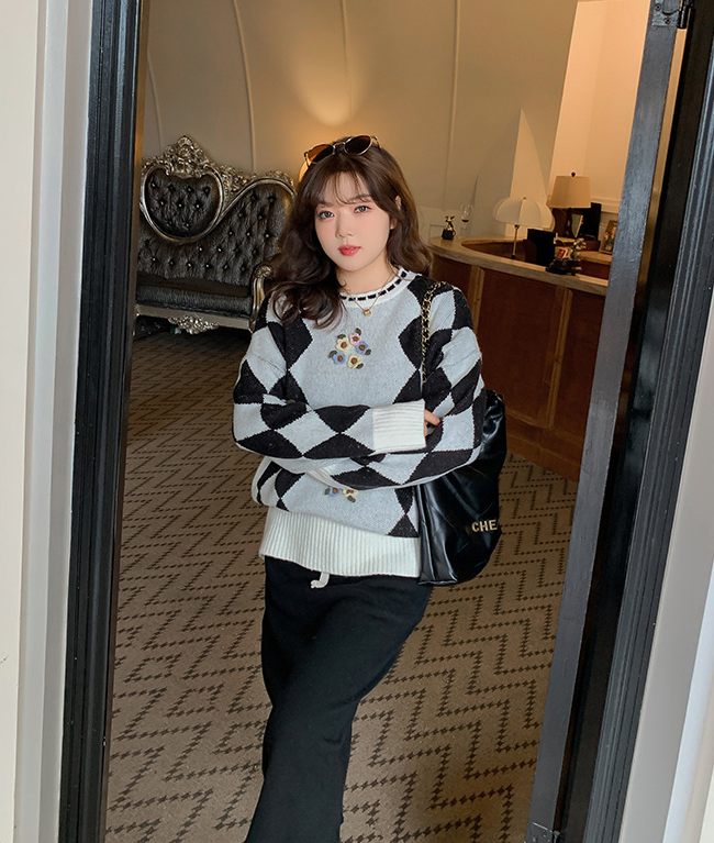 大きいサイズ レディース ラウンドネックレトロ小花ダイヤ柄プルオーバーセーター LL 3L 4L