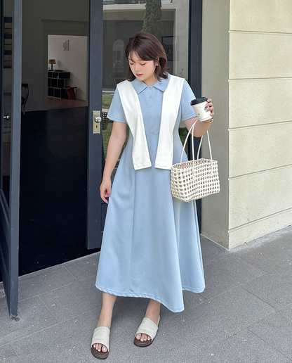 大きいサイズ レディース 刺繍入りショール付きポロカラーロングワンピース LL 3L 4L 5L 6L