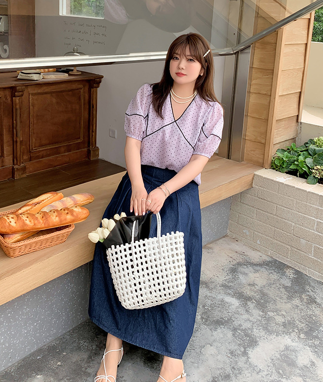 大きいサイズ レディース フレンチVネック水玉模様シースルートップス LL 3L 4L 5L