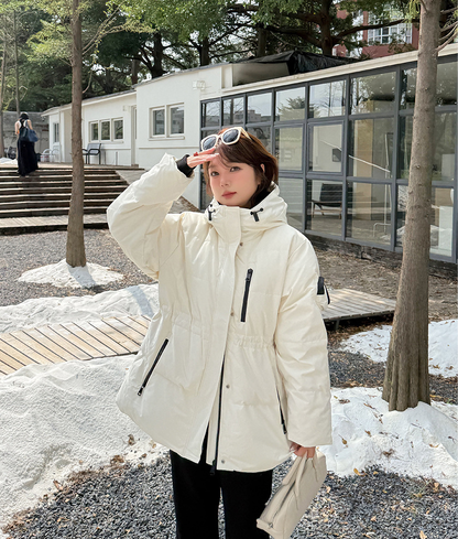 大きいサイズ レディース フード付きロゴ刺繍ワッペンミドル丈ダックダウンジャケット LL 3L