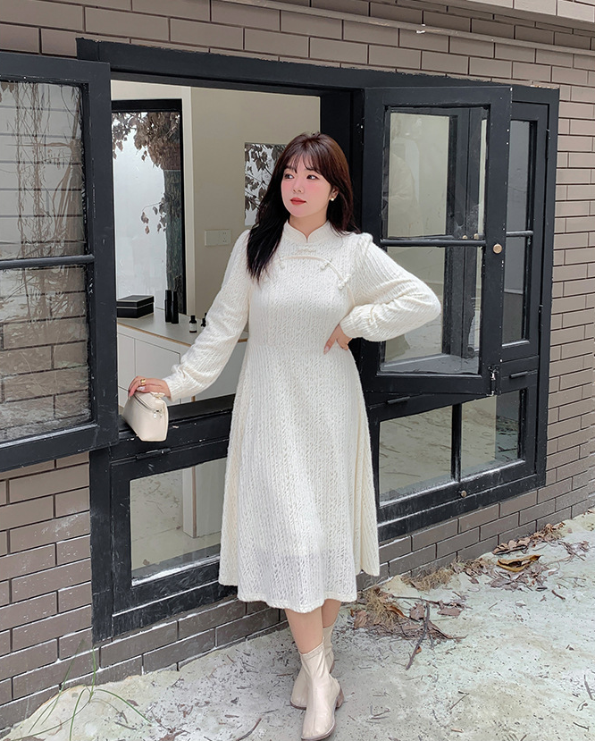 大きいサイズ レディース チャイナ風レトロ花柄ビーズボタンレースワンピース LL 3L 4L 5L