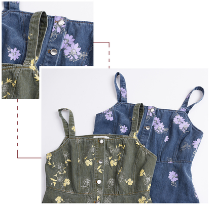 大きいサイズ レディース レトロ花柄デニムキャミソールワンピース LL 3L 4L 5L