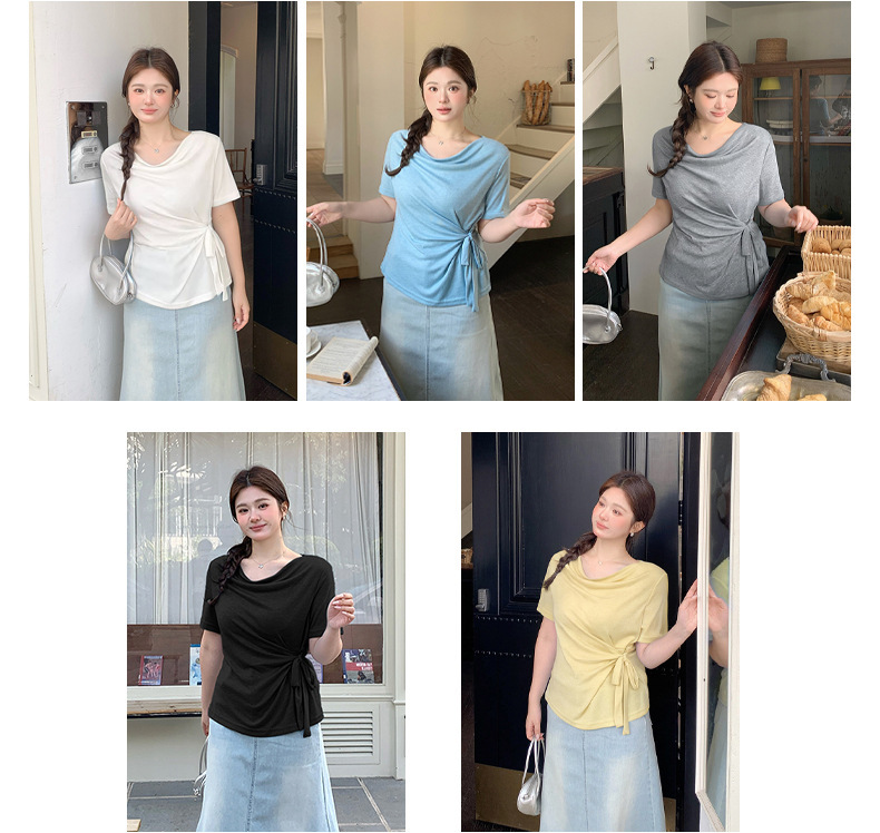 大きいサイズ レディース カウルネックラインウエストタイ半袖トップス LL 3L 4L 5L