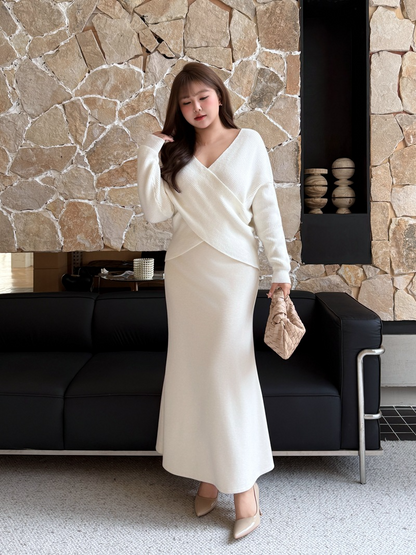 大きいサイズ レディース クロスオーバーVネックエレガントスリーピース（セーター+スカート+ショール） L LL 3L 4L F フリーサイズ