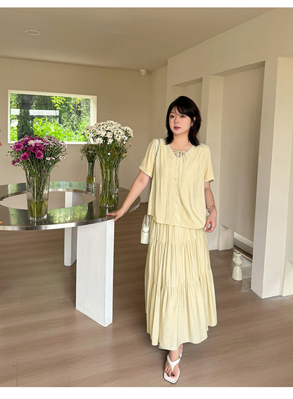 大きいサイズ レディース ナチュラルリボンネックティアードセットアップ LL 3L 4L 5L
