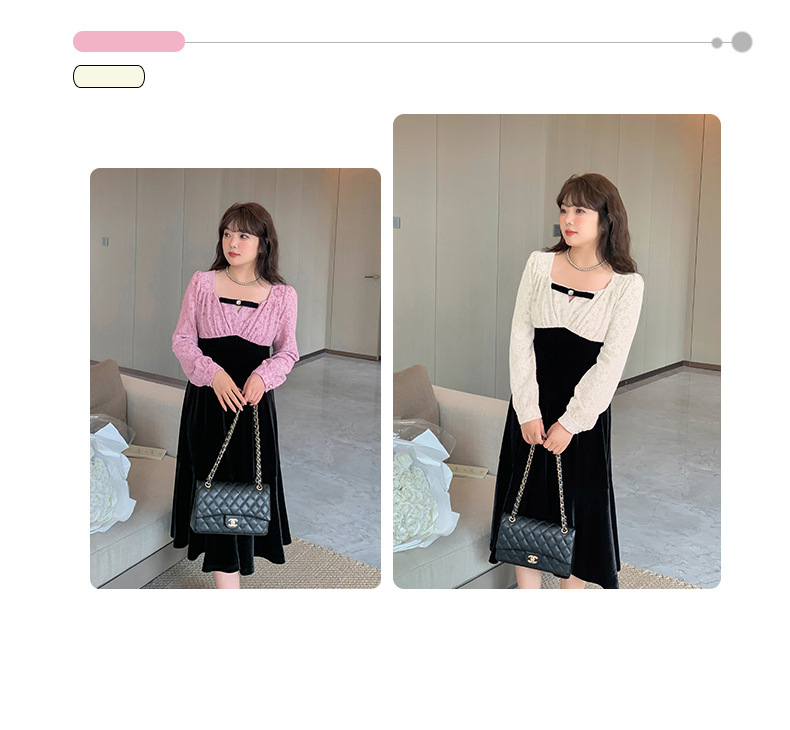 大きいサイズ レディース ヴィンテージ調レース切り替えベロアワンピース LL 3L 4L 5L