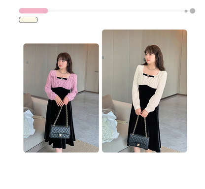 大きいサイズ レディース ヴィンテージ調レース切り替えベロアワンピース LL 3L 4L 5L