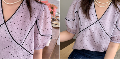 大きいサイズ レディース フレンチVネック水玉模様シースルートップス LL 3L 4L 5L