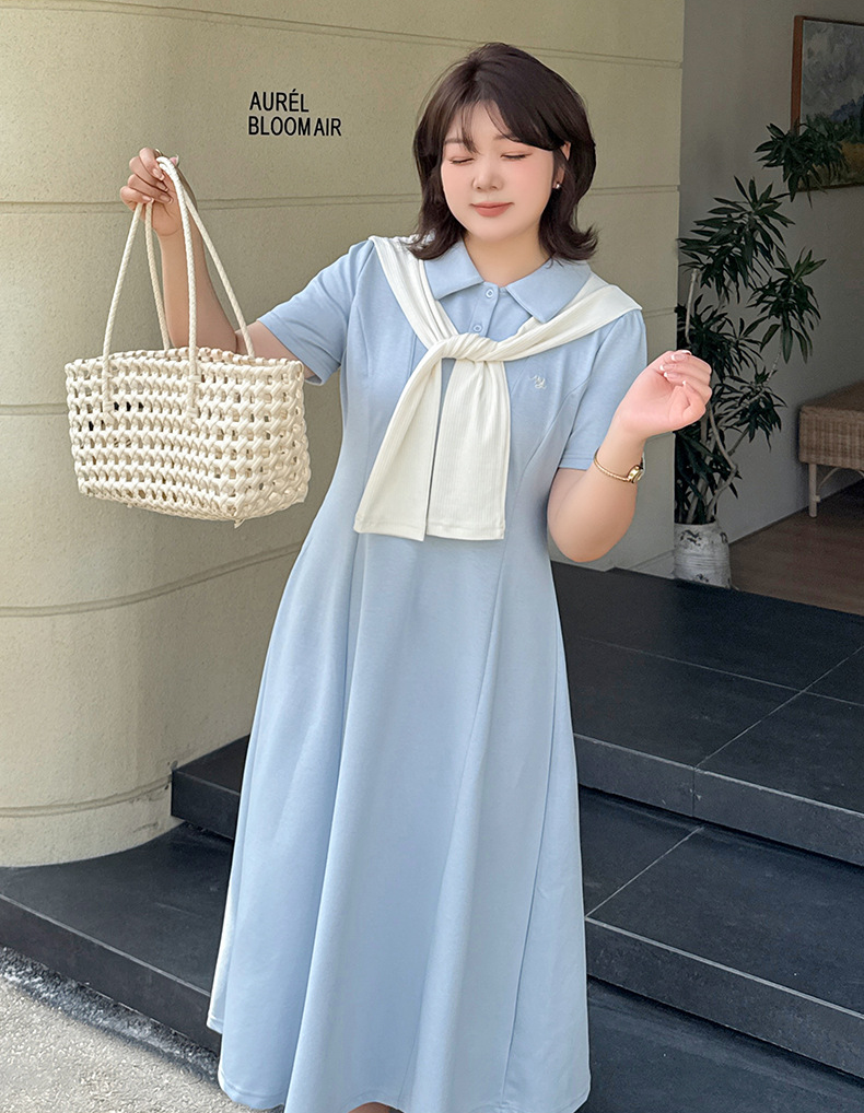 大きいサイズ レディース 刺繍入りショール付きポロカラーロングワンピース LL 3L 4L 5L 6L