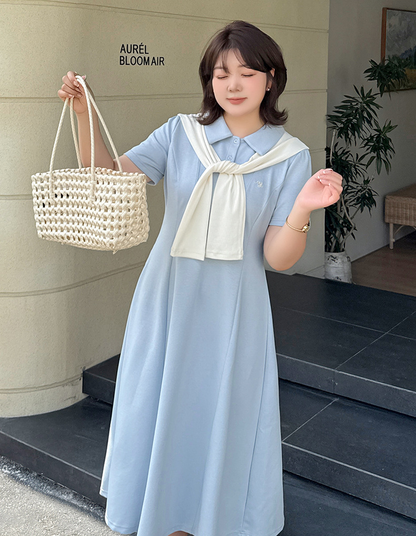 大きいサイズ レディース 刺繍入りショール付きポロカラーロングワンピース LL 3L 4L 5L 6L