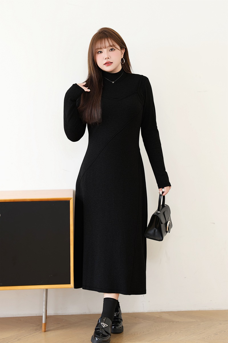 大きいサイズ レディース セミハイネックニットフェイクツーピースワンピース LL 3L 4L 5L