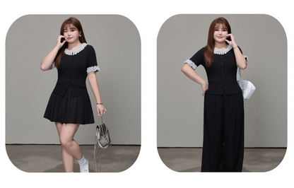 大きいサイズ レディース ドット柄レーストリム半袖トップス LL 3L 4L 5L