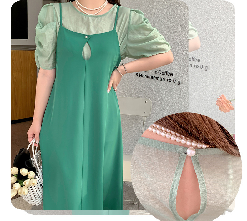 大きいサイズ レディース プリーツパフスリーブブラウス+サスペンダーワンピース LL 3L 4L 5L