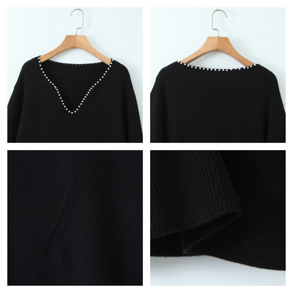 大きいサイズ レディース パールVネックスイートニットフレンチワンピース LL 3L 4L