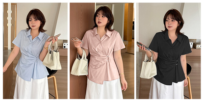 大きいサイズ レディース サイドリングバックル半袖カラーシャツ LL 3L 4L 5L 6L