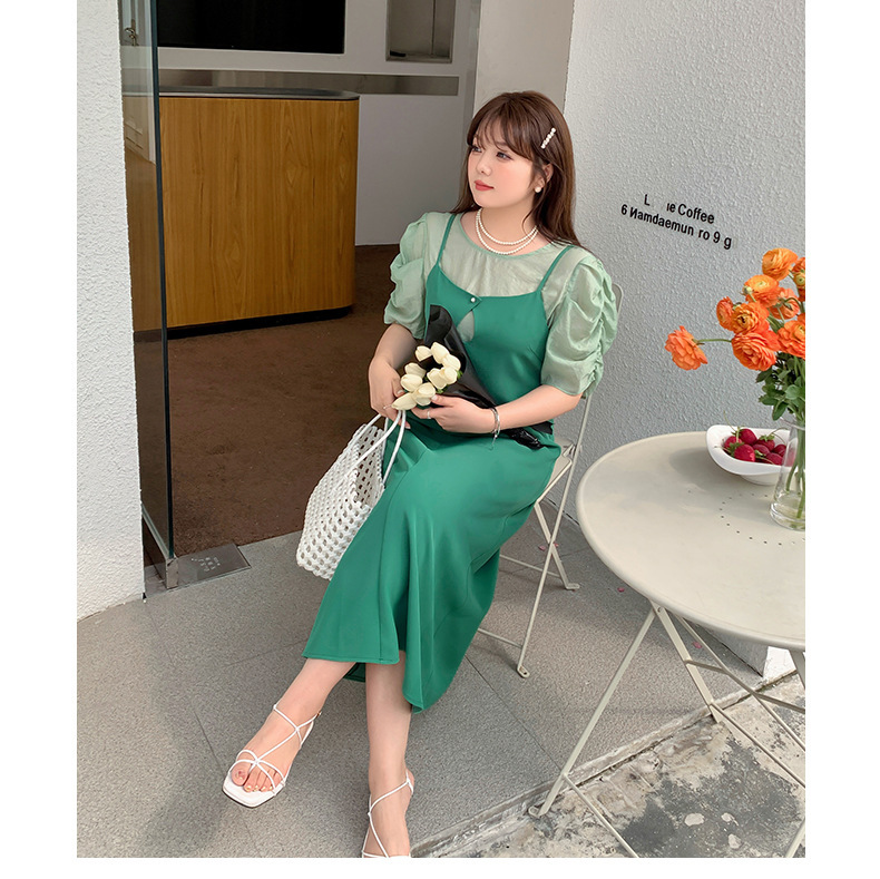 大きいサイズ レディース プリーツパフスリーブブラウス+サスペンダーワンピース LL 3L 4L 5L