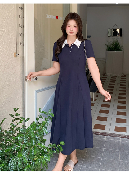 大きいサイズ レディース ビジュー襟ポロデザインフレアワンピース LL 3L 4L 5L 6L