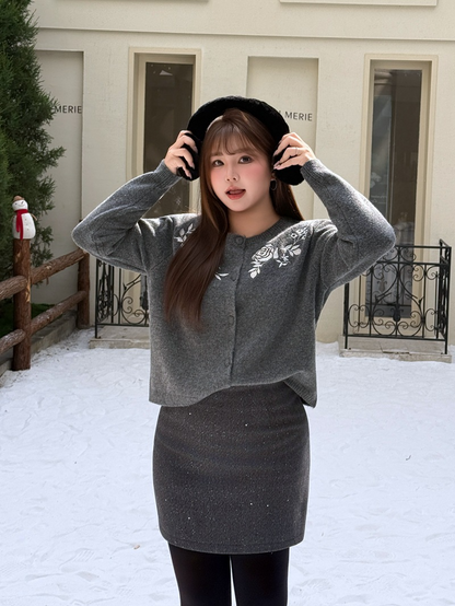 大きいサイズ レディース 花柄刺繍入りゆったりカーディガンセーター LL 3L 4L 5L
