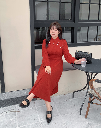 大きいサイズ レディース チャイナ風レトロ花柄ビーズボタンレースワンピース LL 3L 4L 5L