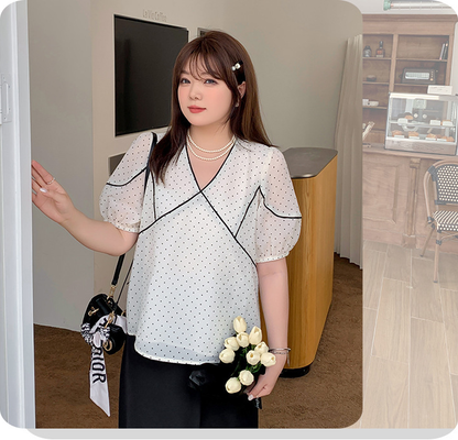 大きいサイズ レディース フレンチVネック水玉模様シースルートップス LL 3L 4L 5L