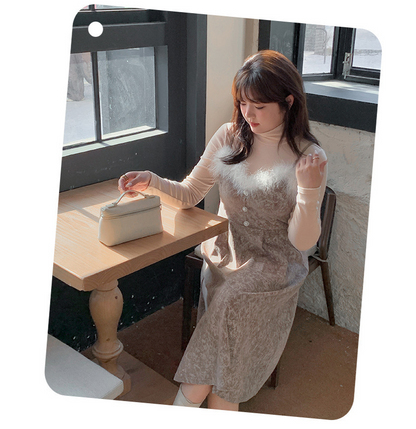 大きいサイズ レディース  ファーベルベットスリップワンピースヴィンテージプリント LL 3L 4L 5L